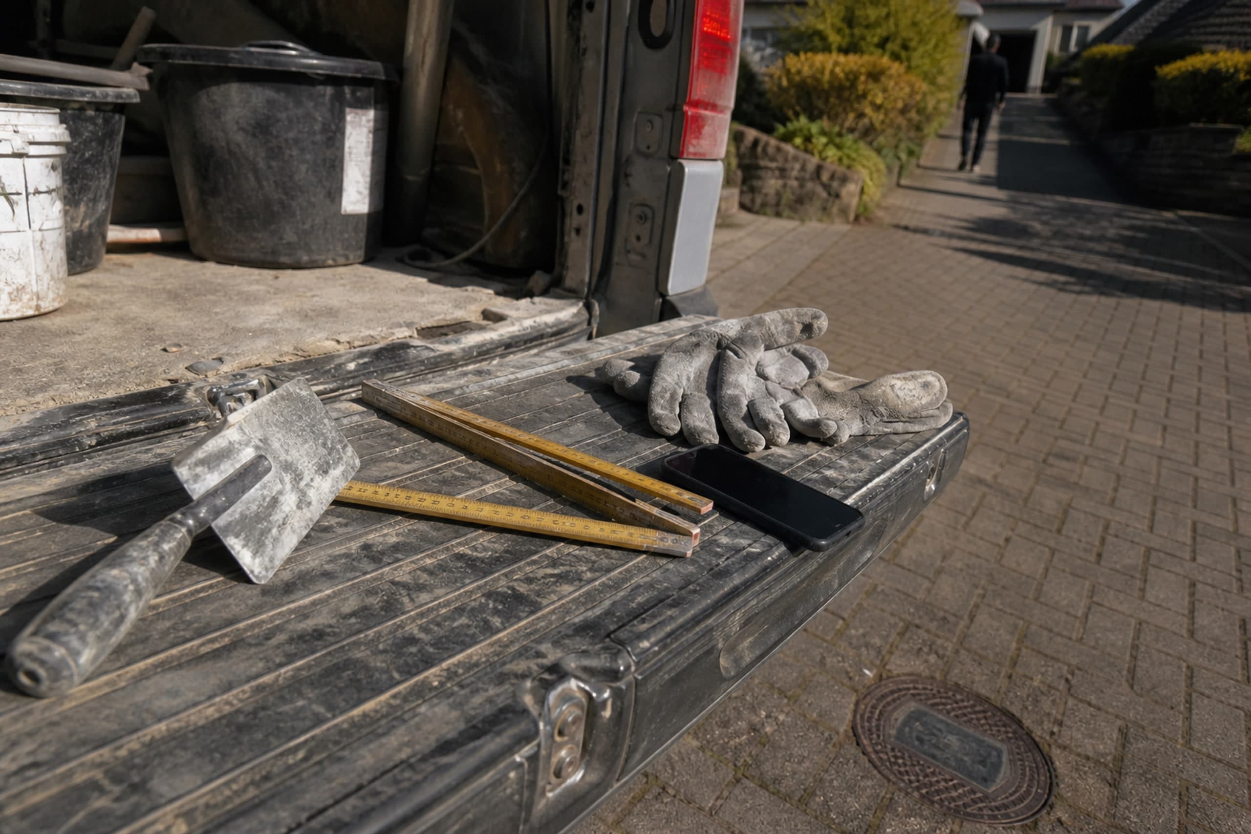 Maurerkelle, Zollstock und Handschuhe auf der Ladefläche eines Transporters